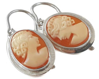 Carnelian Shell Cameo Earrings: Sterling Silver Italian Jewelry