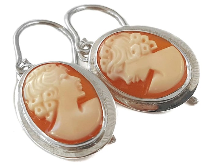 Carnelian Shell Cameo Earrings: Sterling Silver Italian Jewelry
