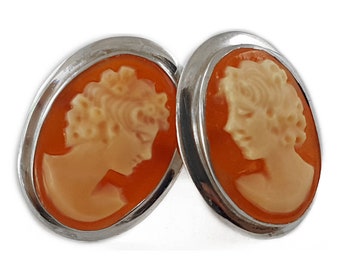 Carnelian Shell Cameo Earrings: Sterling Silver Italian Jewelry