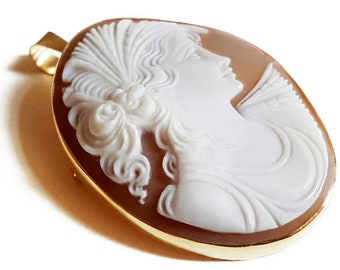 Gold Ceres Cameo Brooch Pendant: Hand Carved Sardonyx Shell, Italian Jewelry