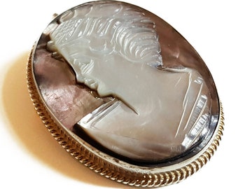 Hand Carved Mother of Pearl Cameo Brooch: Sterling Silver Italian Profile Pendant