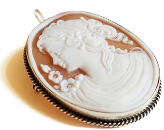 Antique Sardonyx Shell Cameo Brooch: Sterling Silver Lady Profile