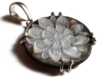 Mother of Pearl Lotus Cameo Pendant: Sterling Silver Italian Jewelry