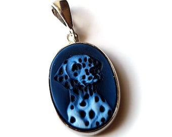 Dalmatian Dog Cameo Pendant: Blue Agate, Sterling Silver Jewelry