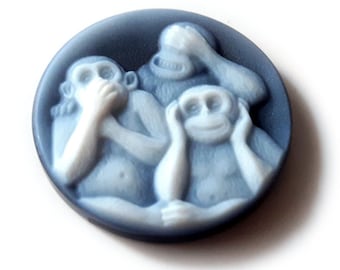 Blue Agate Stone Cameo: Three Wise Monkeys, Italian Jewelry