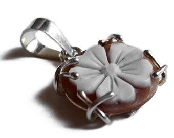 Shell Cameo Pendant: Sterling Silver Quatrefoil Sardonyx Flower
