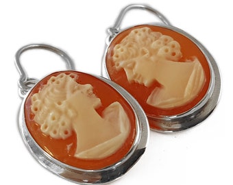 Carnelian Shell Cameo Earrings: Sterling Silver Italian Jewelry