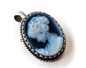Blue Agate Cameo Pendant: Lady Profile, Sterling Silver