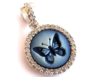 Blue Agate Butterfly Cameo Pendant: Sterling Silver Zircon Frame