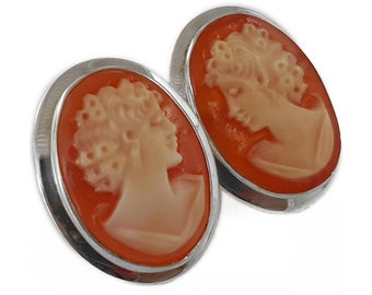 Carnelian Shell Cameo Earrings: Sterling Silver Roman Profile Studs