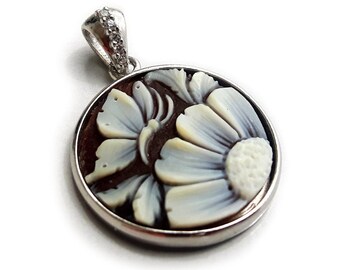 Hand Carved Shell Cameo Pendant: Butterfly & Daisy, Sterling Silver
