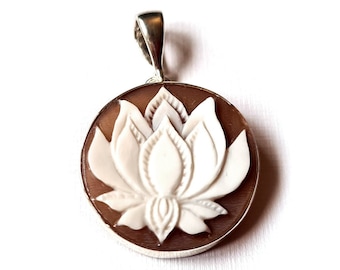 Lotus Flower Cameo Pendant: Hand Carved Sardonyx Shell, Sterling Silver