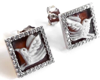 Shell cameo earrings birds square italian cameos jewelry donadio cameo shell boucles oreilles camée pendientes camafeo カメオイヤリング Камея серьги