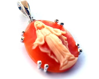 Madonna Shell Cameo Pendant: Hand Carved Carnelian, Sterling Silver