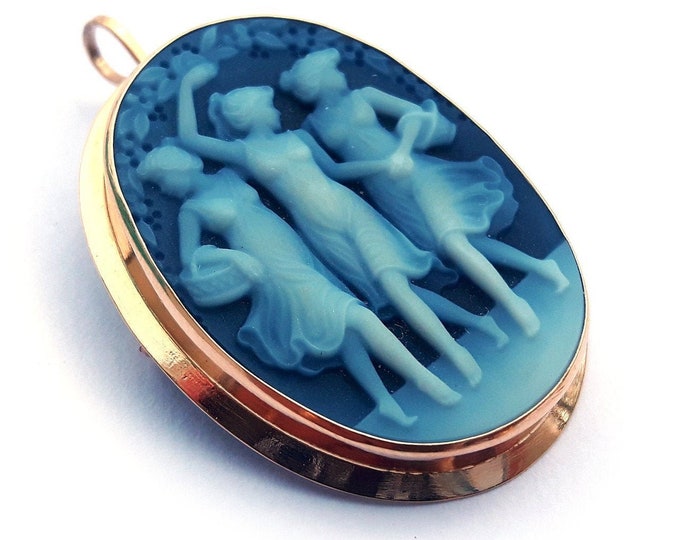 Cammeo pendente e spilla in oro blu tre grazie cammeo in pietra italiana gioielli donadio cammeo in agata broche camée camafeo カメオブローチ