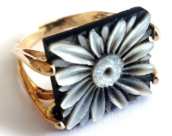 Mother-of-Pearl Flower Cameo Ring: Gold Plated Sterling Silver, Italian Jewelry
