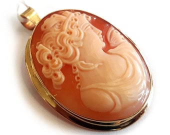 Gold Persephone Cameo Brooch Pendant: Hand Carved Carnelian Shell