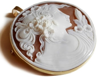 Gold Sardonyx Shell Cameo Brooch Pendant: Flora Goddess, Italian Jewelry