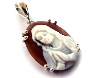 Madonna Shell Cameo Pendant: Hand Carved Sardonyx, Sterling Silver