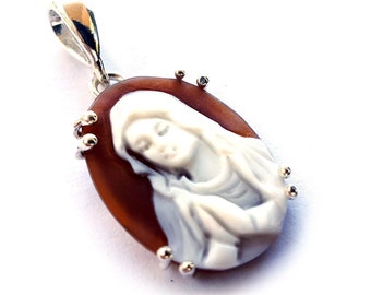 Maria Magdalena Shell Cameo Pendant: Hand Carved Sterling Silver