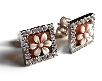 Shell cameo earrings flowers square italian cameo jewelry donadio cameo shell boucle oreilles camée pendientes camafeo カメオイヤリング Камея серьги