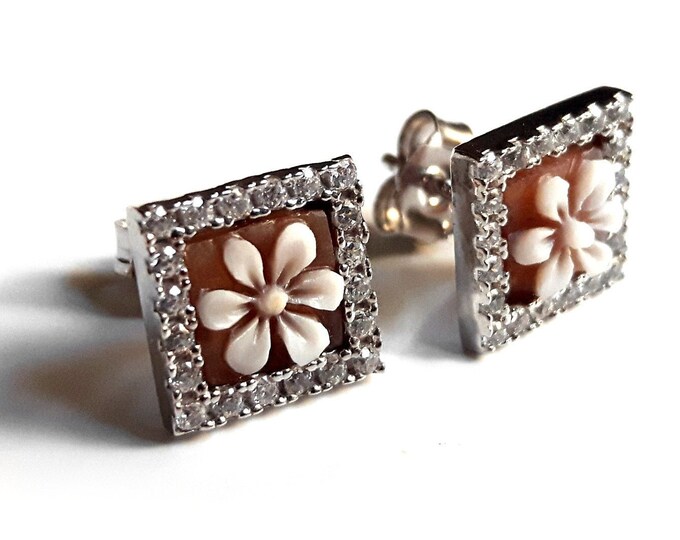 Shell cameo earrings flowers square italian cameo jewelry donadio cameo shell boucle oreilles camée pendientes camafeo カメオイヤリング Камея серьги