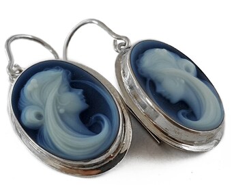Agate Cameo Earrings: Sterling Silver Lady Profile, Italian Jewelry