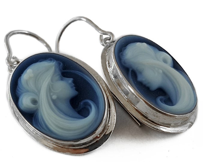Stone cameo earrings long hair Lady italian cameos jewelry donadio agate cameo Boucles d'oreilles camée camafeos 瑪瑙石カメオイヤリング камея серьги