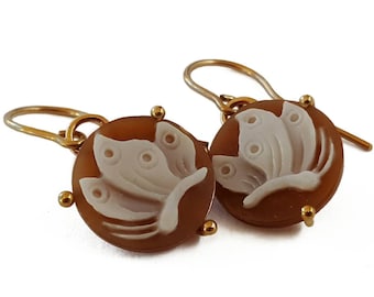 Gold Butterfly Cameo Earrings: Hand Carved Sardonyx Shell, Italian Jewelry