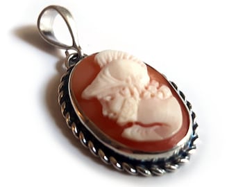 Shell Cameo Pendant: Hand Carved Roman Warrior, Sterling Silver