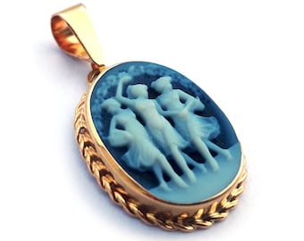 Blue Agate Cameo Pendant: 9kt Gold, Three Graces