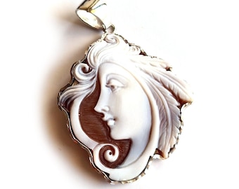 Sardonyx Shell Cameo Pendant: Sterling Silver Woman with Feather