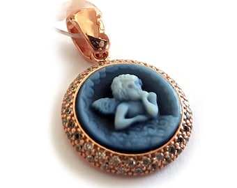 Blue Agate Cherub Cameo Pendant, Gold Plated Silver Zircon