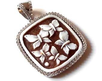 Butterfly Shell Cameo Pendant: Sardonyx, Sterling Silver & Zircons