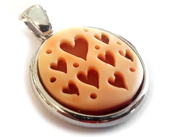 Heart Cameo Pendant: Hand Carved Carnelian Shell, Sterling Silver