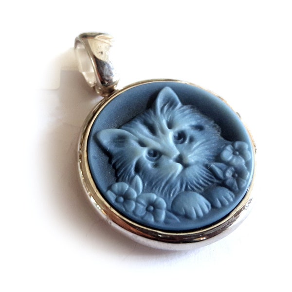 Ciondolo cammeo in agata blu gatto cammeo Italiano gioielli donadio cammei in agata pendentif camée colgante camafeo カメオペンダント Камея подвеска