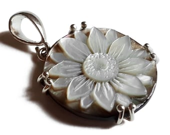 Mother of Pearl Cameo Pendant: Sterling Silver Lotus Flower, Italian Jewelry