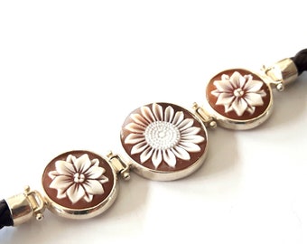 Three flowers cameos bracelet italian cameo jewelry donadio cameo shell bracelet camée Камео браслет カメオブレスレット gift for her