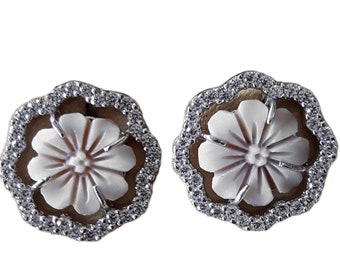 Lotus shell cameo earrings zircons, italian cameo shell jewelry, silver earrings shell cameo, カメオ ジュエリ シェルカメオイヤリング, donadio italian cameos