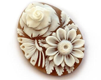 Loose Shell Cameo: Rose, Butterfly, Sardonyx, Italian Jewelry