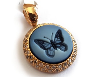 Blue Agate Butterfly Cameo Pendant: Gold Plated Sterling Silver