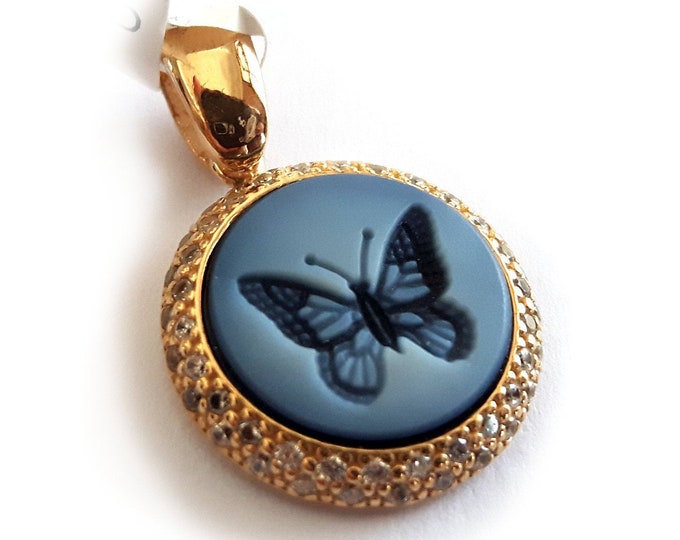 Blue butterfly cameo pendant italian cameo jewelry donadio stone cameo pendentif camée colgante camafeo カメオペンダント Камея подвеска