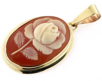 Gold Flower Cameo Pendant: Hand-Carved Cornelian Shell