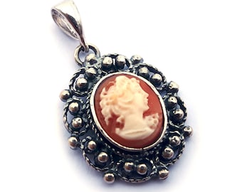 Hand Carved Shell Cameo Pendant: Venus Profile, Sterling Silver