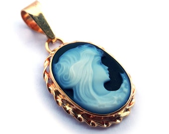 Gold Blue Agate Cameo Pendant: Italian Woman with Flowers