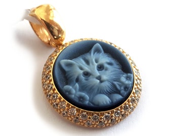 Blue Agate Cat Cameo Pendant: Zircon Sterling Silver Gold-Plated