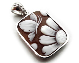 Butterfly Daisy Shell Cameo Pendant: Sterling Silver Sardonyx, Italian Jewelry