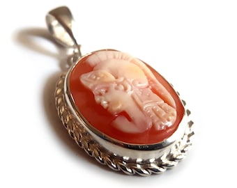 Athena Cameo Pendant: Hand Carved Carnelian Shell, Sterling Silver