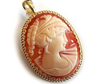 Ceres Cameo Brooch Pendant: Carnelian Shell, Gold Plated Sterling Silver