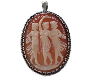 Three Graces Cameo Pendant: Carnelian Shell, Sterling Silver Italian Jewelry
